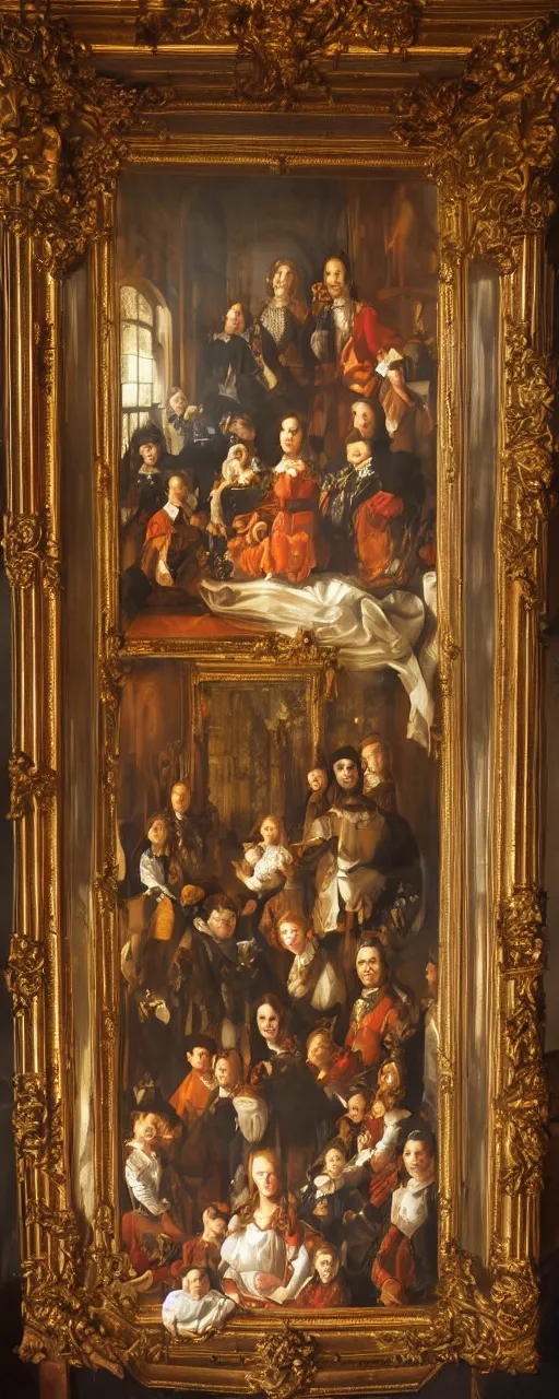 Prompt: oil paint canva of family portrait in the main room of the castle, dark room, one point of light trough a big window. baroque style 1 6 5 0, high details on clothes, realistic faces and expressions