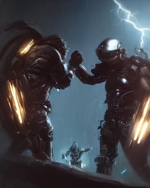 Prompt: highly detailed portrait of barbarians fist bumping in front of swords, lightning in background, cybernetic enhancements as seen from a distance, scifi character portrait by greg rutkowski, esuthio, craig mullins, 1 / 4 headshot, cinematic lighting, dystopian scifi gear, gloomy, profile picture, mechanical, half robot, implants, solarpunk