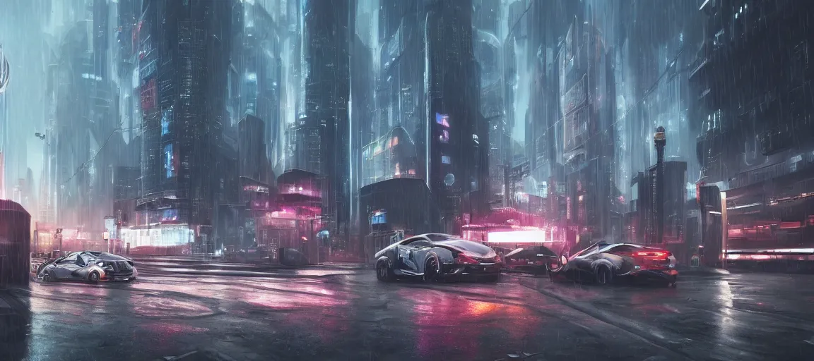Image similar to futuristic city landscape with cars, concept art, wide angle, hyper realistic, artstation, moody, rainy, 4 k, volumetric lighting,