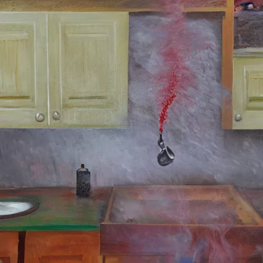 Prompt: oil painting still of kitchen sink full of dirty dishes with red smoke coming out, angry man, high detail