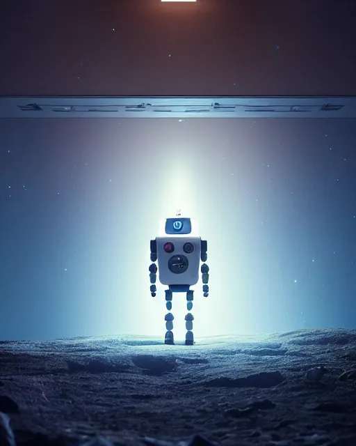 Image similar to a robot standing in front of a glowy open door that's on a barren moon, poster art by mike winkelmann, trending on cg society, space art, sci - fi, ue 5, futuristic, volumetric lighting, light casting onto the ground, neat composition and camera angle