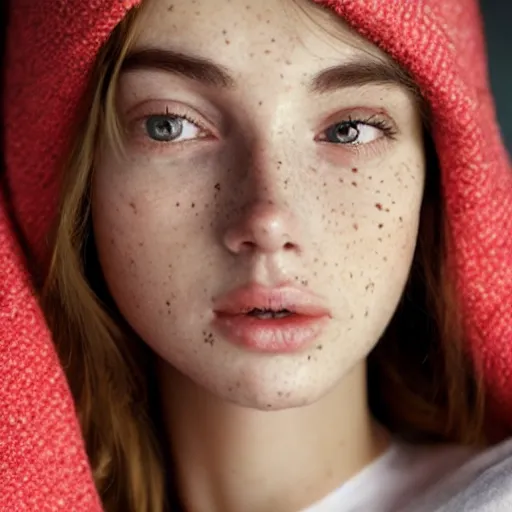 Image similar to portrait of a cute thin young woman, red blush, cute freckles wearing casual clothes, small smile, relaxing on a couch, cozy under a blanket, cozy living room, close up shot, 8 k, art by diego fazio and irakli nadar, hyperrealism, hyperdetailed, ultra realistic