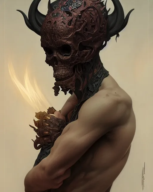 Prompt: portrait of a satanic grim reaper, detailed face, upper body, decorated, intricate, elegant, highly detailed, digital painting, artstation, concept art, smooth, sharp focus, illustration, art by artgerm and greg rutkowski and alphonse mucha, 8 k