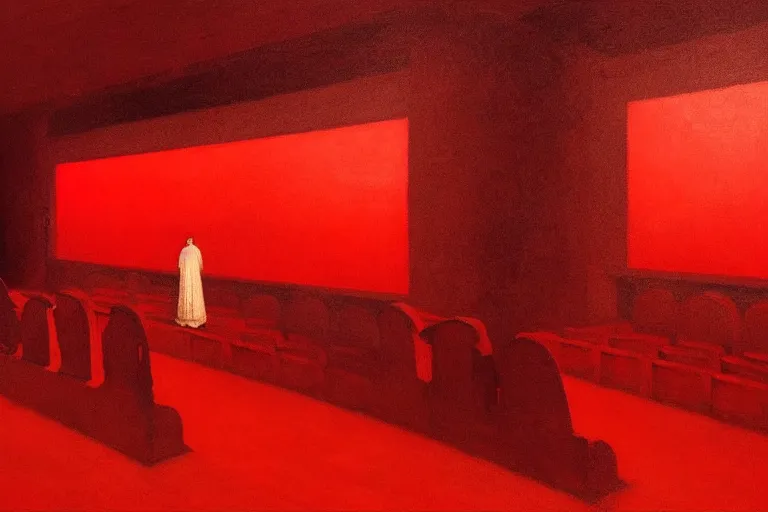 Image similar to only with red, crowd screaming, an exposed painting in a roman theater, in the style of beksinski, parts by edward hopper, parts by rodcenko, parts by yue minjun, intricate and epic composition, red by caravaggio, insanely quality, highly detailed, masterpiece, red light, artstation, 4 k