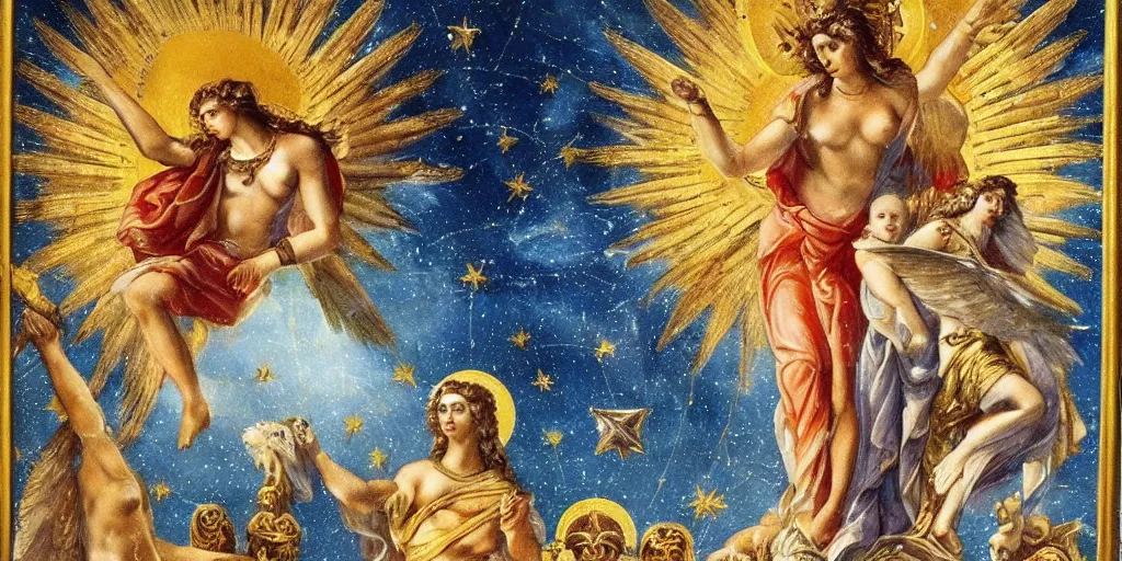 Prompt: majestic holy neorococo sistina saint Woman Venus godness Athena beautiful gracious pagans marble and gold in space stars clouds doves suns greeks war and peace trinity