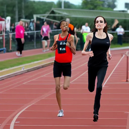 Prompt: angelina jolie running track and field. high definition