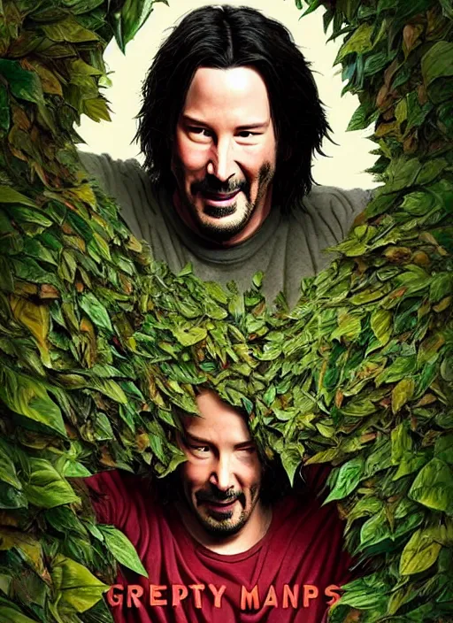 Image similar to highly detailed comedy caper movie poster with silly wacky zany keanu reeves as a sentient pile of leaves, keanu reeves green face as a sentient leafy bush by greg rutkowski, masterpiece, really funny, 1 0 / 1 0 comedy