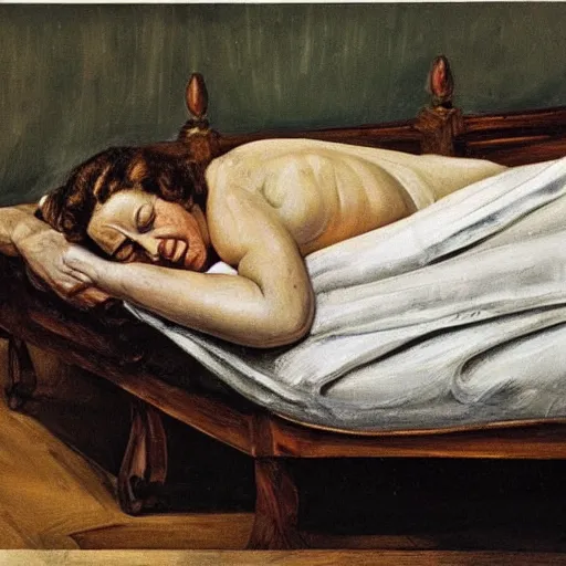 Image similar to lucian freud painting of old ema stone laying down on a victorian bed in a big old room