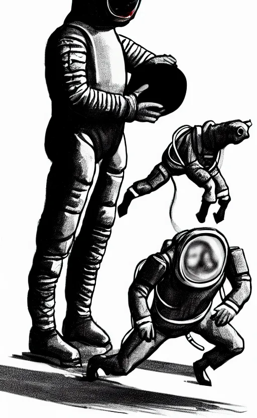 Image similar to man with a horse mask is standing on crawling astronaut, concept art, monthy python sketch, high fidelity details