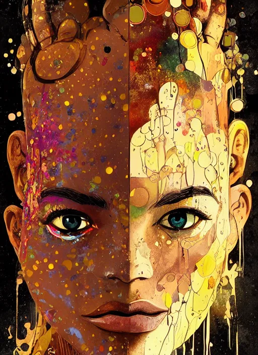 Prompt: beautiful face, made of wood, golden tears, dramatic lighting, maximalist pastel color palette, splatter paint, pixar and disney concept, graphic novel by fiona staples and dustin nguyen, peter elson alan bean wangechi mutu, clean cel shaded vector art, on artstation