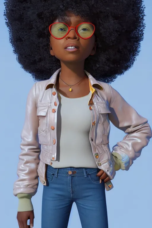 Image similar to a centered render of a super cool afro girl from the seventies wearing flares, by dreamworks, by pixar, by viktoria gavrilenko, by leticia gillett, octane render, 3 d, 8 k