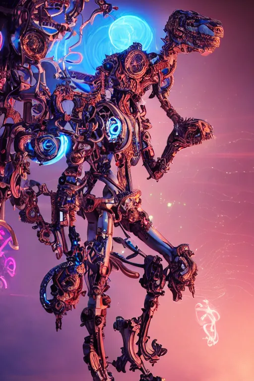 Image similar to full-body rococo and cyberpunk style sculpture of a young handsome Spanish prince half android with a chest exposing circuitry, glowing pink laser eyes, crown of blue gears and diamonds, swirling salmon-colored silk fabric, robotic raptors dinosaurs. baroque elements. full-length view. intricate artwork by caravaggio. Trending on artstation, octane render, cinematic lighting from the right, hyper realism, octane render, 8k, depth of field, 3D