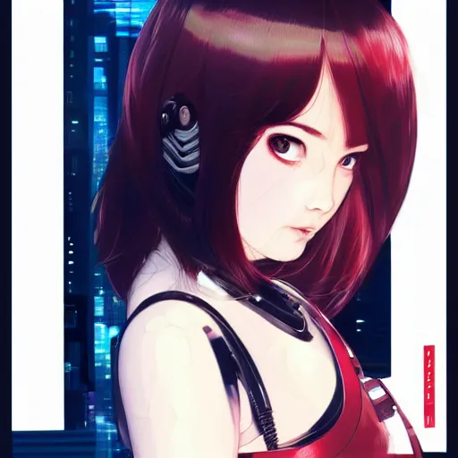 Image similar to A beautiful cyborg woman with big and cute eyes || VERY ANIME, fine-face, red and black robotic parts, realistic shaded perfect face, fine details. Anime. realistic shaded lighting poster by Ilya Kuvshinov katsuhiro otomo ghost-in-the-shell, magali villeneuve, artgerm, Jeremy Lipkin and Michael Garmash, Rob Rey and Kentarõ Miura style, trending on art station