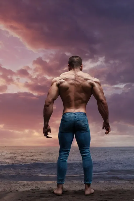 Prompt: a very muscular and defined man wearing ripped pants and shirt looking to the sea at sunset, godrays, complementary colors, natural lighting, portait image, path tracing, serene landscape, high quality, highly detailed, 8K, soft colors, warm colors, turbulent sea, high coherence, anatomically correct, hyperrealistic, concept art, defined face, five fingers, front view