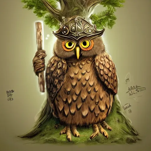 Image similar to A detailed, highly realistic anthropomorphic owl with a viking helmet and round shield standing in front of a tree, an anthropomorphic owl with a fluffy face wearing armor in front of a tree, digital art, ArtStation, Commission, Award Winning