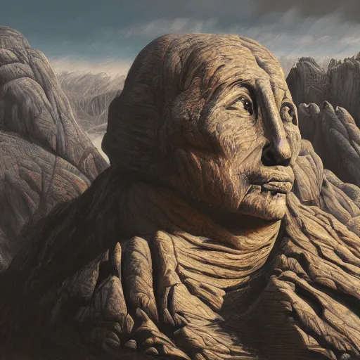 Prompt: highly detailed professional landscape painting of alien bust carved into the mountains in the style of mount rushmore, trending on artstation, ultra detail, atmospheric lighting, sci - fi, futuristic, cyberpunk