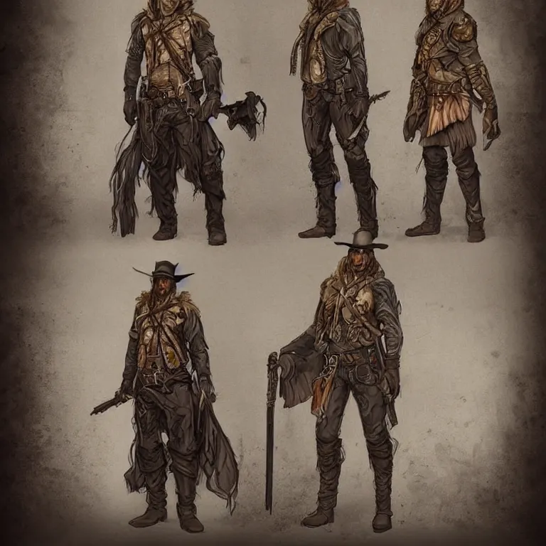 Image similar to full body+ face concept art of a post-apocalyptic sheriff marshal in the style of high fantasy art in the style of Wild west art trending on artstation deviantart Pinterest detailed realistic High Resolution HD 8k