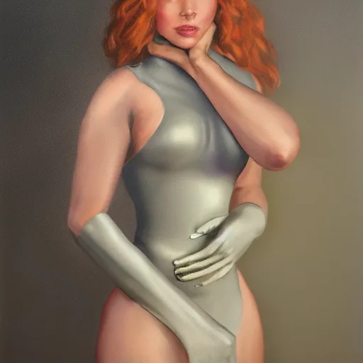 Prompt: a painting of a female in skintight dress. by randolph hewton and edward robert hughes. trending on artstation, highly detailed, volumetric lightning, cinematic lightning