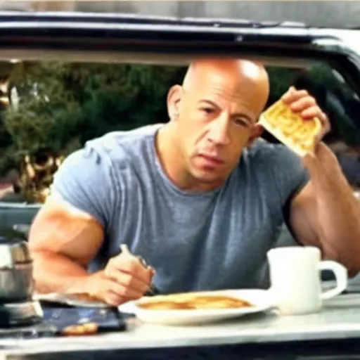 Image similar to movie still of vin diesel eating waffles and pancakes breakfast in a car