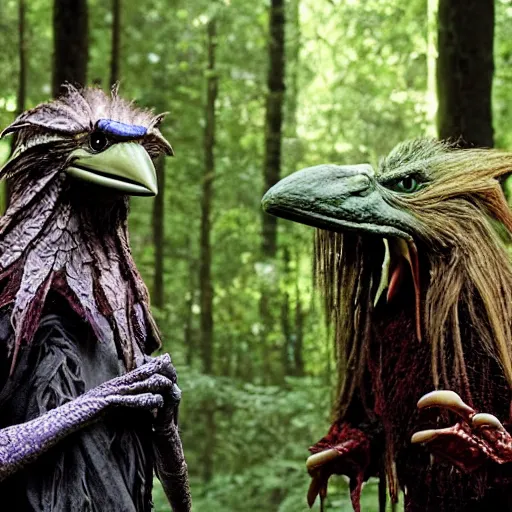 Image similar to two skeksis from the movie the dark crystal are discussing a plan in a forest