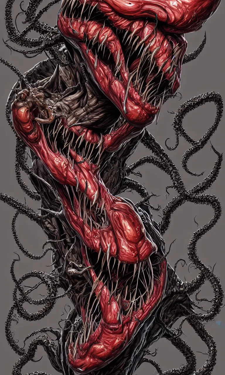 Prompt: hyper realistyc anatomically acurate full body long shot venom from marvel comics!!!!, large mouth with teeth, lovecraftian horror, fantasy, intricate, elegant, highly detailed, digital painting, artstation, concept art, matte, sharp focus, illustration, art by glenn fabry