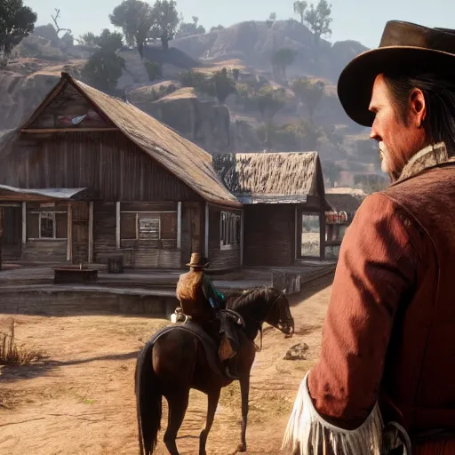 Image similar to jim carey stars as dutch van der linde in the playstation 4 video game red dead redemption 2, detailed screenshot beautiful!