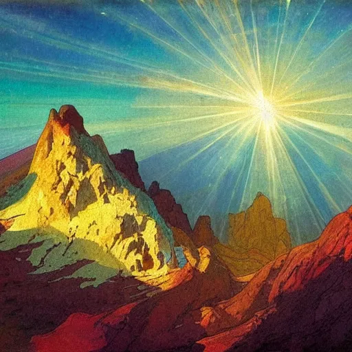 Image similar to to most happy mountain in the world, astral appearance, sublime, colorful, light shafts, dramatic light, by august malmstrom, russian painters, mucha, yoshitaka amano, global illumination, rule of thirds, perfect central composition.