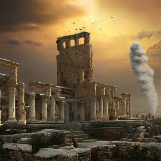 Prompt: epic photo of an ancient Byzantine city surrounded by clouds, Giant imposing tower, full of strange statues and murals, full of smoke and dust, hyper real, Indiana Jones, Tomb Raider, trending on artstation, concept art, photorealistic, cinematic, city