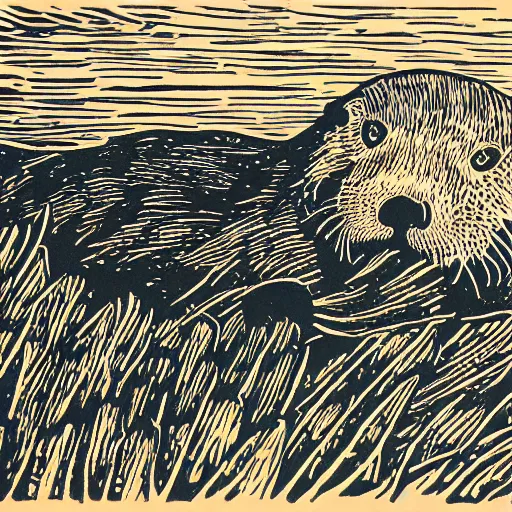 Image similar to a sea otter rancher riding on horseback, linocut print