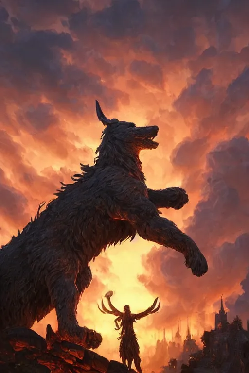 Image similar to a beautiful artwork illustration, statue of Fenrir standing over a medieval village at sunset, fiery destruction, by Greg Rutkowski and Jesper Ejsing and Raymond Swanland, featured on artstation, wide angle, vertical orientation