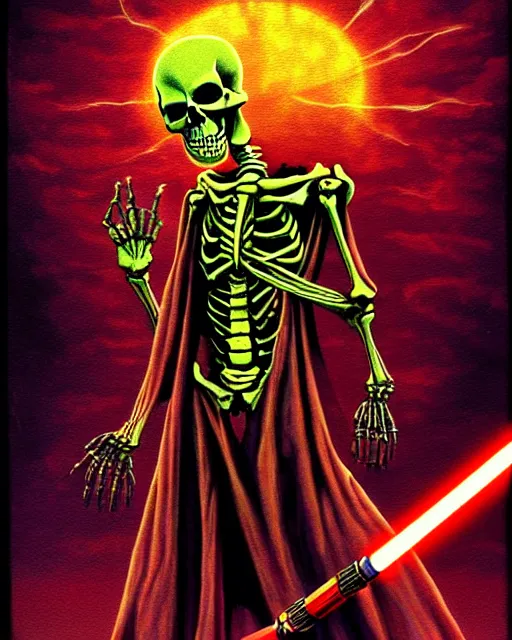 Prompt: zombie skeleton jedi knight meditating, explosive electric energy, in the style of darrell k. sweet, in the style of 1 9 8 0 s, matte, intense atmosphere, high detail, vintage horror