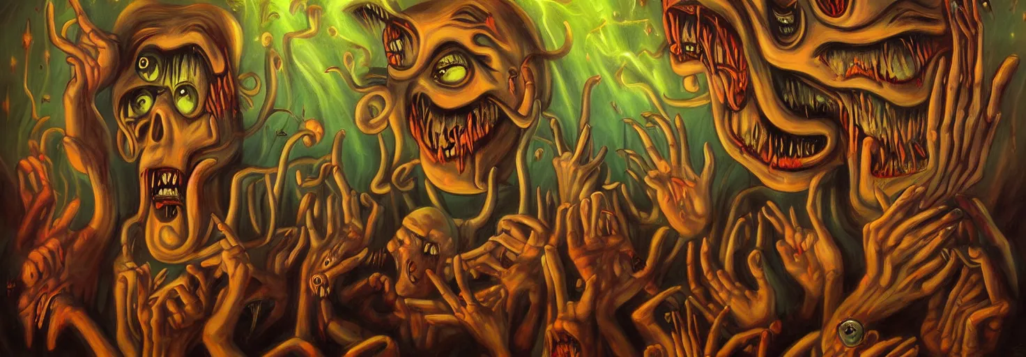 Image similar to visceral freaky obsessive monsters from the darkest depths of collective unconscious, dramatic glowing lighting, 1 9 3 0 s fleischer cartoon characters, wild emotional expressions - surreal painting by ronny khalil