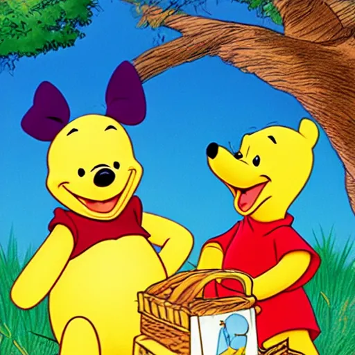 Image similar to Winnie the pooh and Donald duck having a picnic