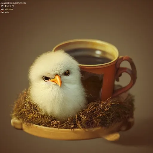 Image similar to long shot of a cute fluffy furry chick nesting in a antique coffee cup, by esao andrews, by m. w. kaluta, humorous illustration, hyperrealistic, tilt shift, warm colors, night scenery, low light, 3 d octane render, 4 k, volumetric lights, smooth, cosy atmosphere, conceptart, hyperdetailed, trending on deviantart