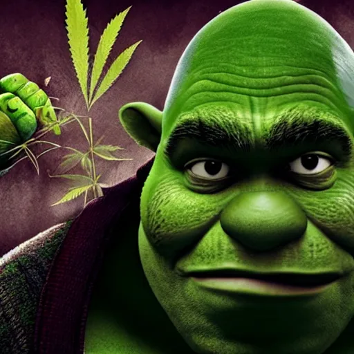 Prompt: Old man dressed in Marijuana leaves, fighting shrek