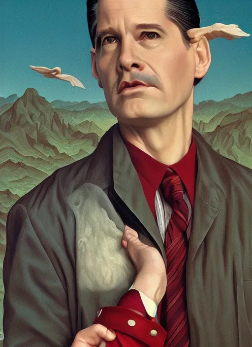 Image similar to twin peaks poster art, by michael whelan, rossetti bouguereau, artgerm, retro, nostalgic, old fashioned, kyle mclaughlin, large owl wings wrap around dale cooper