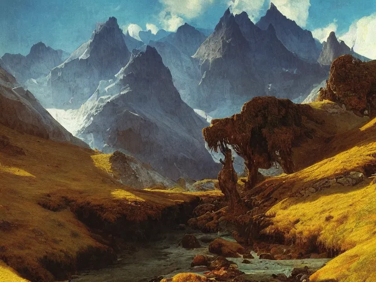 Prompt: an oil painting of an alpine river and a distaint mountain in Scotland on a beautiful morning by beksinski carl spitzweg and tuomas korpi. baroque elements, full-length view. baroque element. intricate artwork by caravaggio. Trending on artstation. 8k