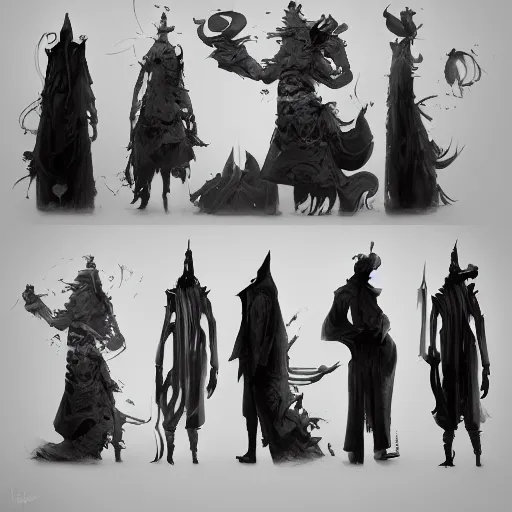 Prompt: a set of men's clothing designs worn by magic wizards, black and white tones, 2 d game art, design by cory loftis, fenghua zhong, ryohei hase, ismail inceoglu and ruan jia. artstation, volumetric light, detailed, photorealistic, fantasy, rendered in octane