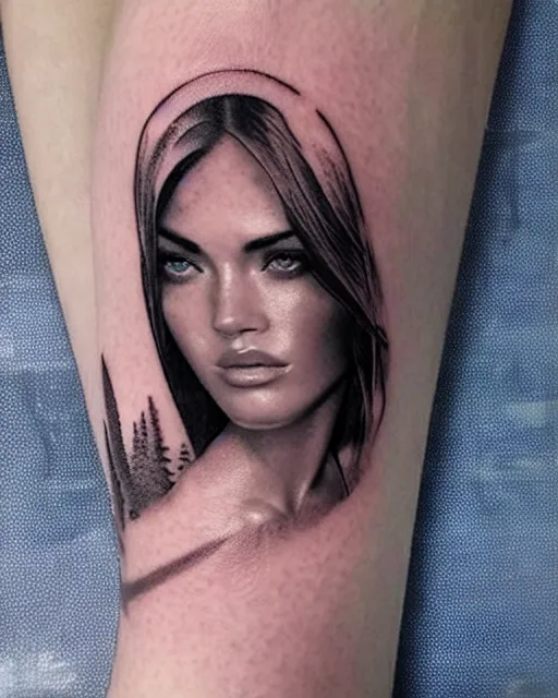 Image similar to creative double exposure effect tattoo design sketch of megan fox blended with beautiful mountains, realism tattoo, in the style of matteo pasqualin, amazing detail, sharp