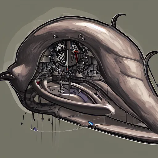 Prompt: cross-section of a beautiful dolphin-shape clockwork submarine is surfacing, concept art, artstation, by Ghibli, 8k