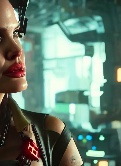 Image similar to film still of Angelina Jolie as Alt Cunningham in Cyberpunk 2077, gameplay, 8k, HD