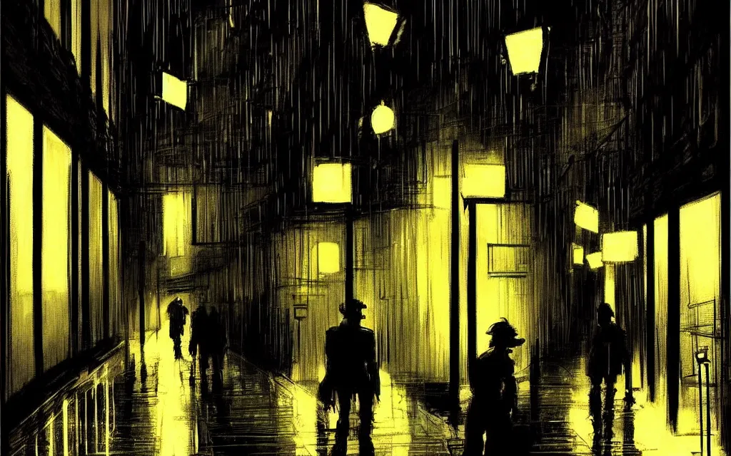 Image similar to !dream concept art, dark wet london alley at night, by ashley wood, by roger deakins, in the style of syd mead atmospheric