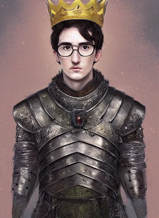 Image similar to a professional painting of Isaac Hempstead-Wright as King, clothed in ethereal armor, olive skin, long dark hair, beautiful bone structure, symmetrical facial features, intricate, elegant, digital painting, concept art, smooth, sharp focus, illustration, from Game of thrones, by Ruan Jia and Mandy Jurgens and Artgerm and William-Adolphe Bouguerea