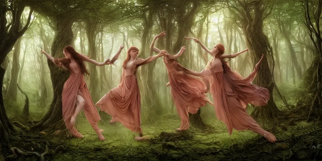 Image similar to masterpiece ephemeral elven girls dancing in the woods, composition by anastasiya dobrovolskaya, donato giancola, karol bak, tom bagshaw, face by artgerm and edmund leighton, background by zdzisław beksinski, majestic, volumetric lighting, porcelain skin, photorealistic, intricate, trending on artstation 8 k