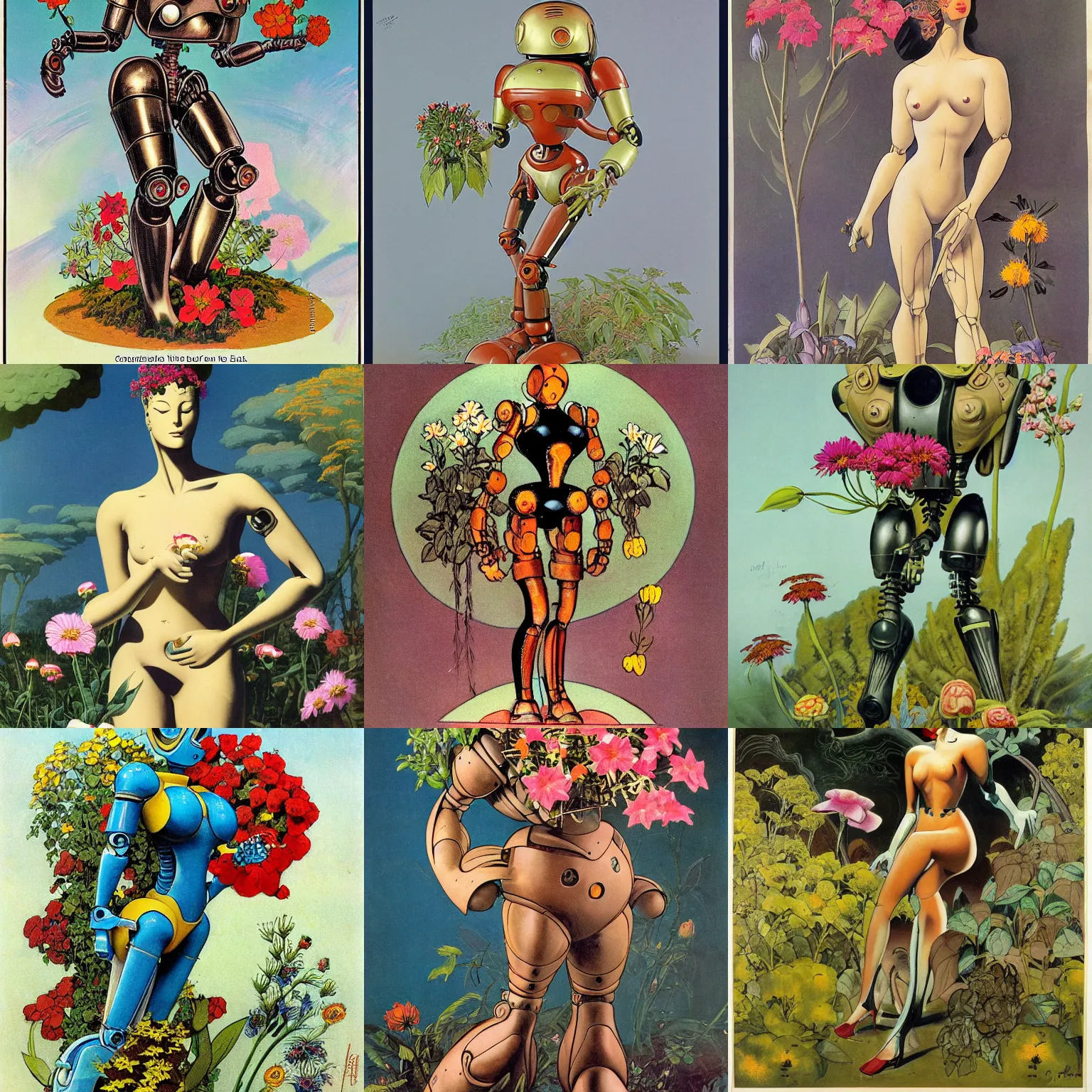 Prompt: androgyne, curvaceous robot surrounded by growing flowers, spring, style of by Frank Frazetta