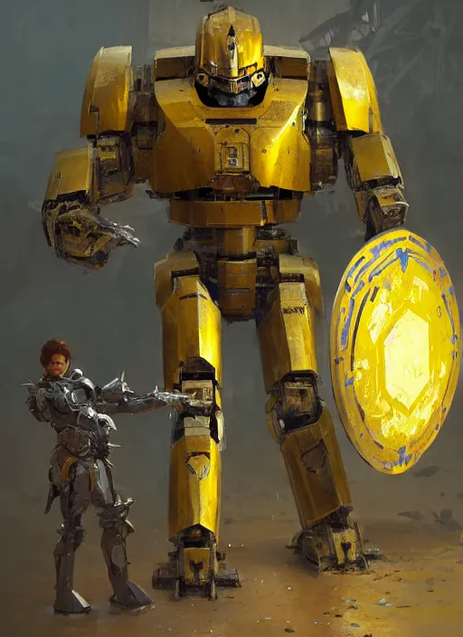 Image similar to human-sized strong intricate yellow pit droid carrying very detailed great sword and beautiful large paladin shield, pancake short large head, exposed metal bones, painterly humanoid mecha, by Greg Rutkowski