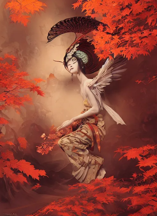 Image similar to tengu in autumn color kimono with art nouveau swirls, subsurface scattering, by jesper ejsing, justin gerard, tomasz alen kopera, cgsociety and fenghua zhong, highly detailed, rim light, cinematic lighting, illustration, art, octane render, very coherent, cinematic, hyper realism, high detail, octane render, 8 k