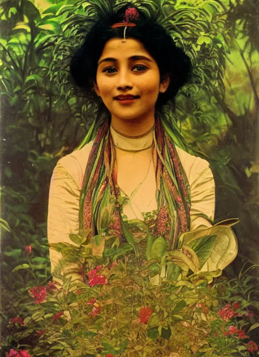 Prompt: vintage portrait photo of a beautiful beautifully lit nepalese Victorian woman smiling in a lush himalayan valley by alphonse mucha and annie leibovitz