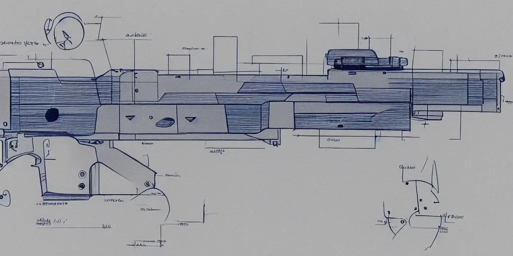 Image similar to blueprint of a laser space gun, technical draw, concept art, very detailed, 3 5 mm