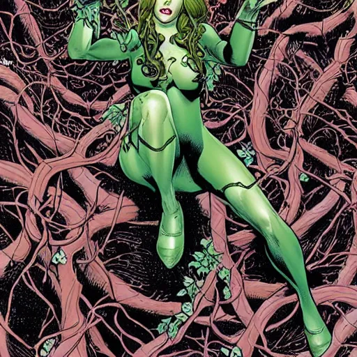Image similar to dc comics poison ivy character sitting in a throne made of vines and trees art by frank cho, joe chiodo, bruce timm